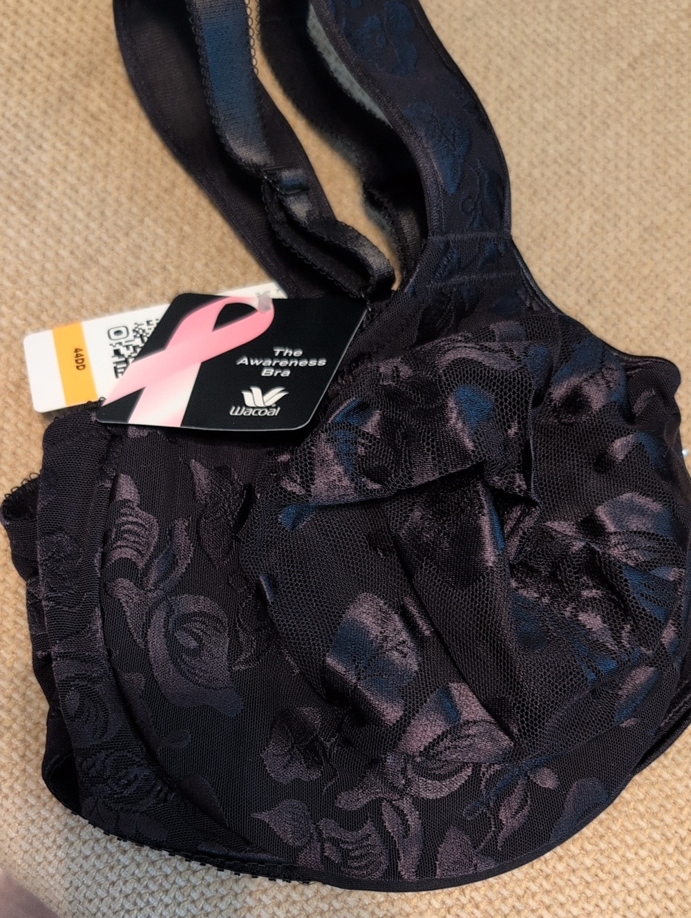 Wacoal Black Lace Awareness Bra with Pink Ribbon Tag, Style 85567.